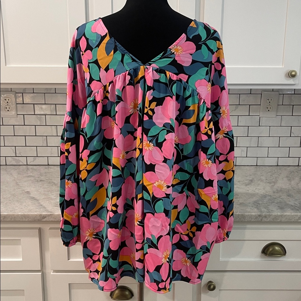 First Love Tunic Top Womens 2XL Pink Black Floral Boho Peasant Shirt‎ Blouse